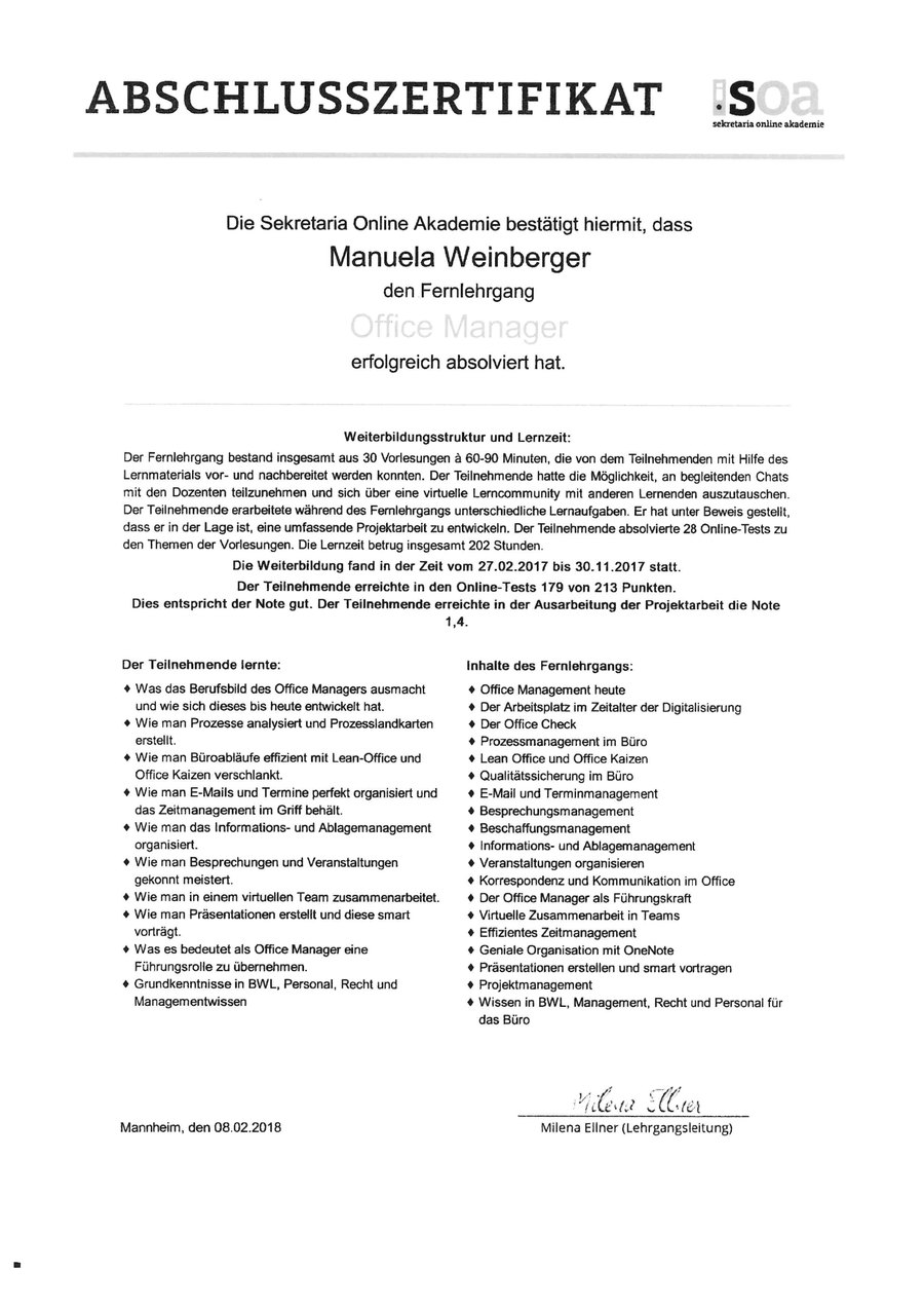 Abschlusszertifikat Office Managerin SOA, Manuela Weinberger 2018 Abschlusszertifikat der SOA: Office Managerin, Manuela Weinberger 2018