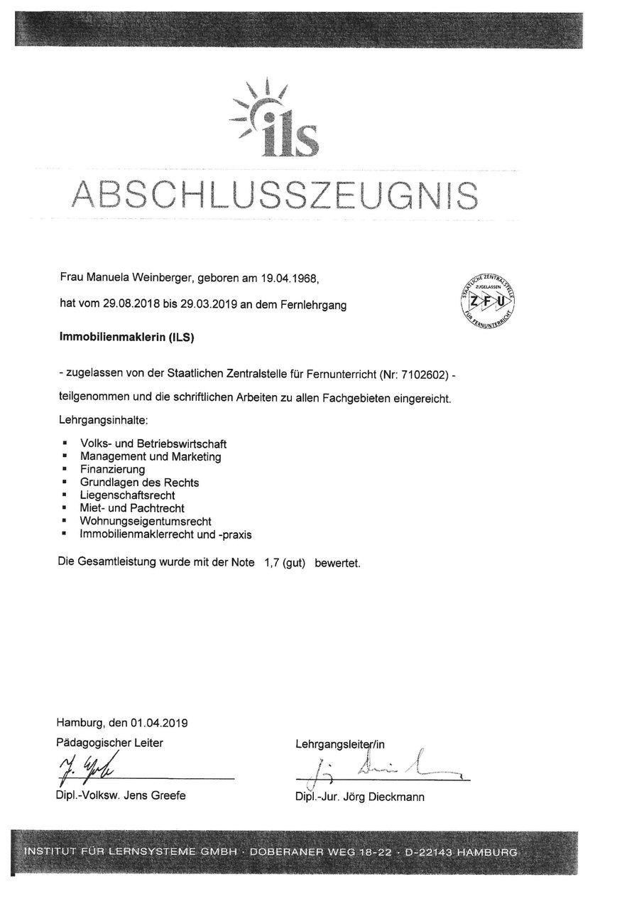Abschlusszeugnis Immobilienmaklerin ILS, Manuela Weinberger 2019 Abschlusszeugnis des ILS: Immobilienmaklerin, Manuela Weinberger 2019
