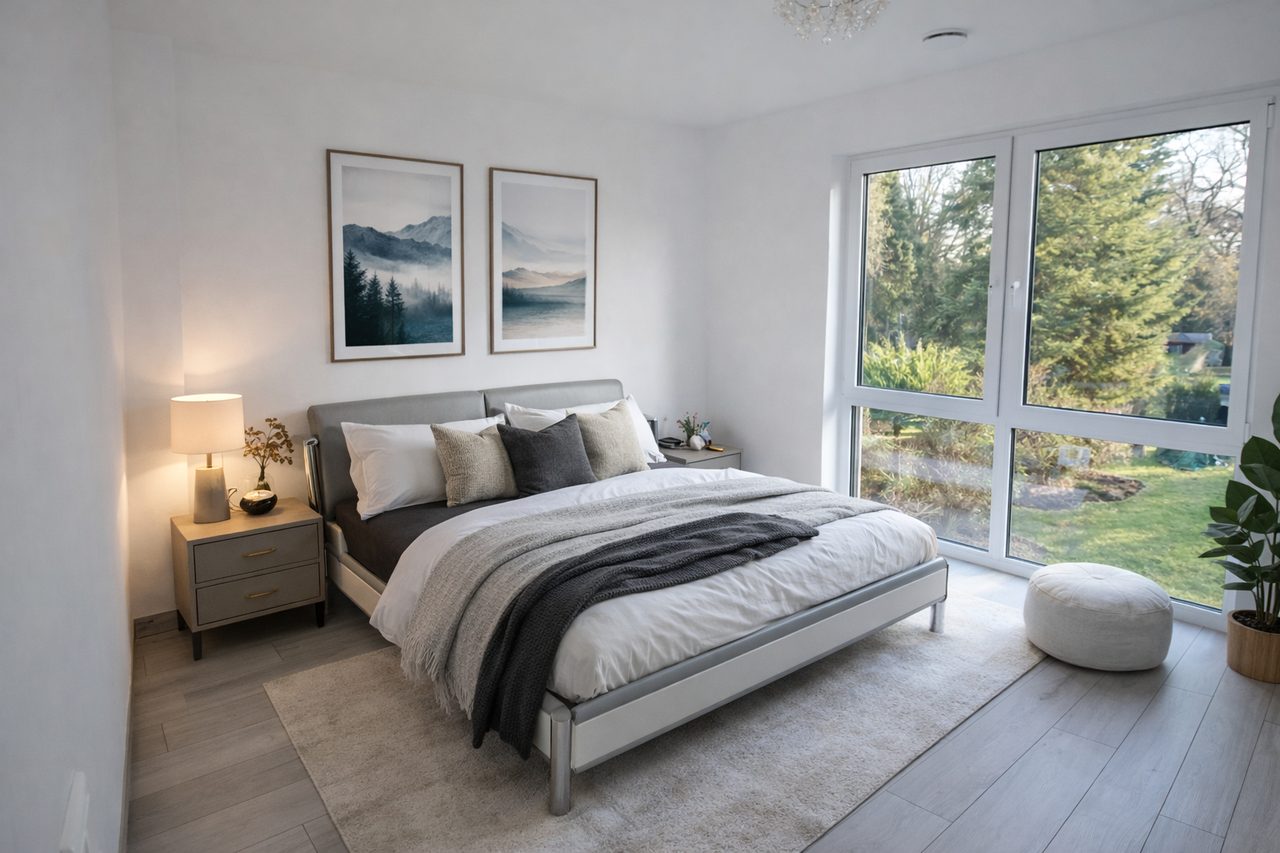 Schlafzimmer nach Home Staging, Weinberger Immobilien Hell eingerichtetes Schlafzimmer mit bodentiefem Fenster und Blick in den Garten