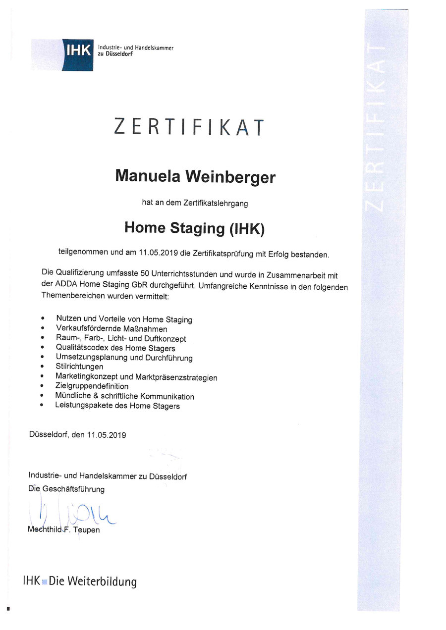Zertifikat Home Staging IHK, Manuela Weinberger 2019 Zertifikat der IHK: Home Staging, Manuela Weinberger 2019