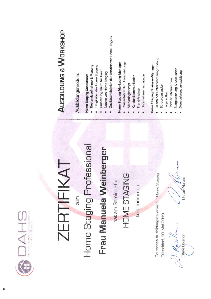 Zertifikat Home Staging Professional DAHS, Manuela Weinberger 2019 Zertifikat der Deutschen Akademie für Home Staging: Home Staging Professional, Manuela Weinberger 2019