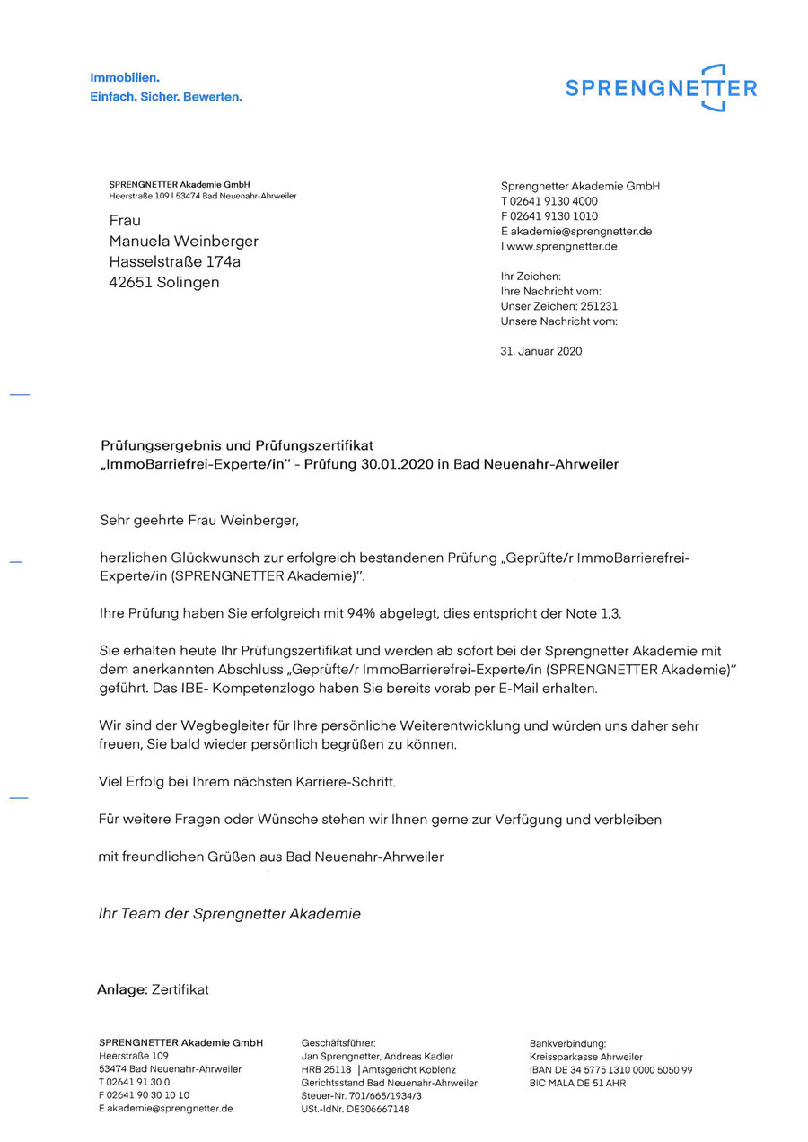 Zertifikat Immobilien und Barrierefreiheit, Sprengnetter Akademie 2020 Zertifikat der Sprengnetter Akademie: Expertin für barrierefreie Immobilien, Manuela Weinberger 2020