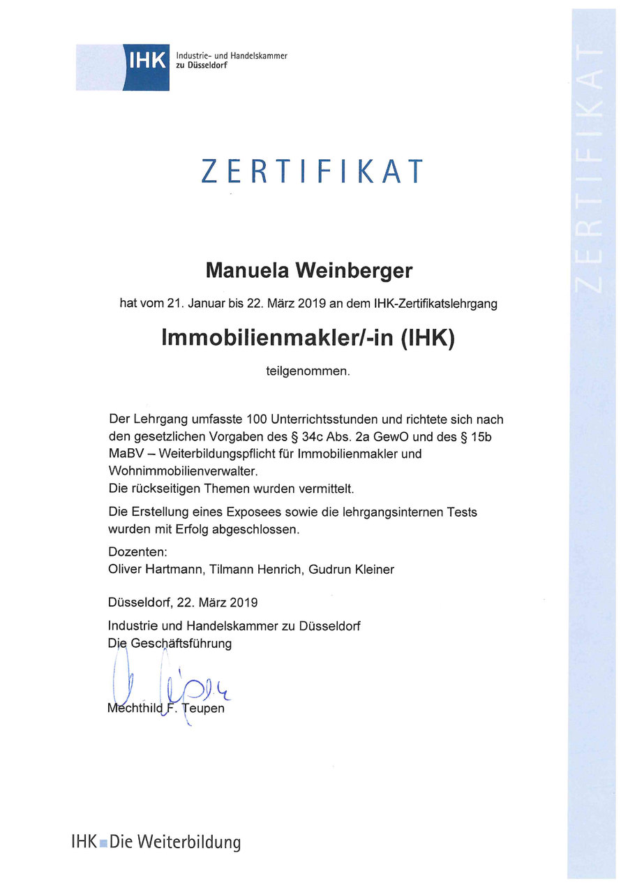 Zertifikat Immobilienmaklerin IHK, Manuela Weinberger 2019 Zertifikat der IHK: Immobilienmaklerin, Manuela Weinberger 2019